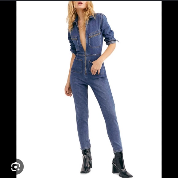 FP Lennox Racer Jumpsuit Utility Jean Denim Zip zip M Med Pockets - Picture 7 of 15